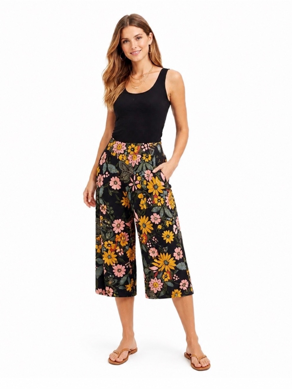 Boho Floral Wide Leg Palazzo Pants Medium Black High Rise Pockets Smocked Back